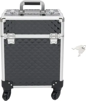 Aluminum Rolling Makeup Train Case, Portable Makeup Organizer Suitcase, Cosmetic Storage Box, Travel Beauty Luggage Trolley Lockable w/4 Removable Wheels & 2 Sliding Drawers (Black)