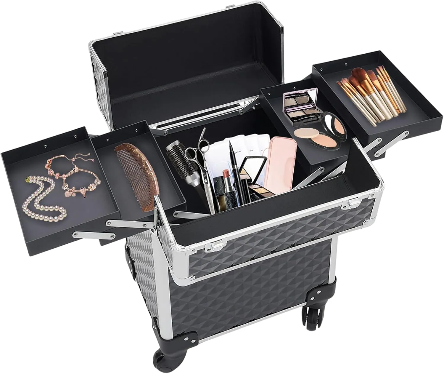 Aluminum Rolling Makeup Train Case, Portable Makeup Organizer Suitcase, Cosmetic Storage Box, Travel Beauty Luggage Trolley Lockable w/4 Removable Wheels & 2 Sliding Drawers (Black)