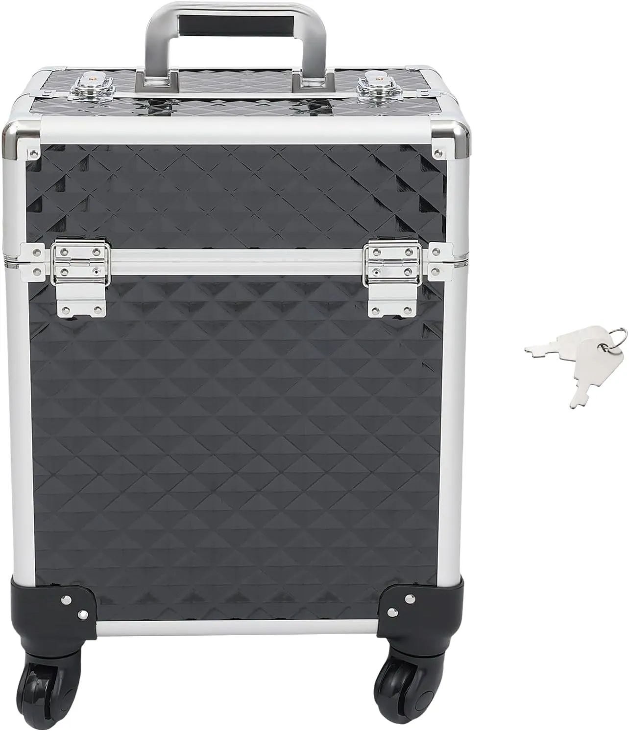 Aluminum Rolling Makeup Train Case, Portable Makeup Organizer Suitcase, Cosmetic Storage Box, Travel Beauty Luggage Trolley Lockable w/4 Removable Wheels & 2 Sliding Drawers (Black)