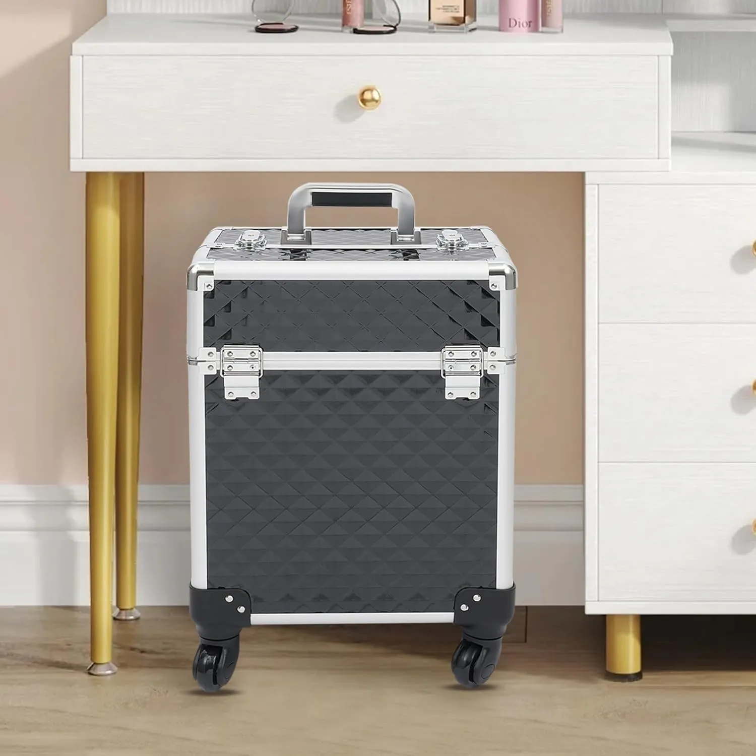 Aluminum Rolling Makeup Train Case, Portable Makeup Organizer Suitcase, Cosmetic Storage Box, Travel Beauty Luggage Trolley Lockable w/4 Removable Wheels & 2 Sliding Drawers (Black)