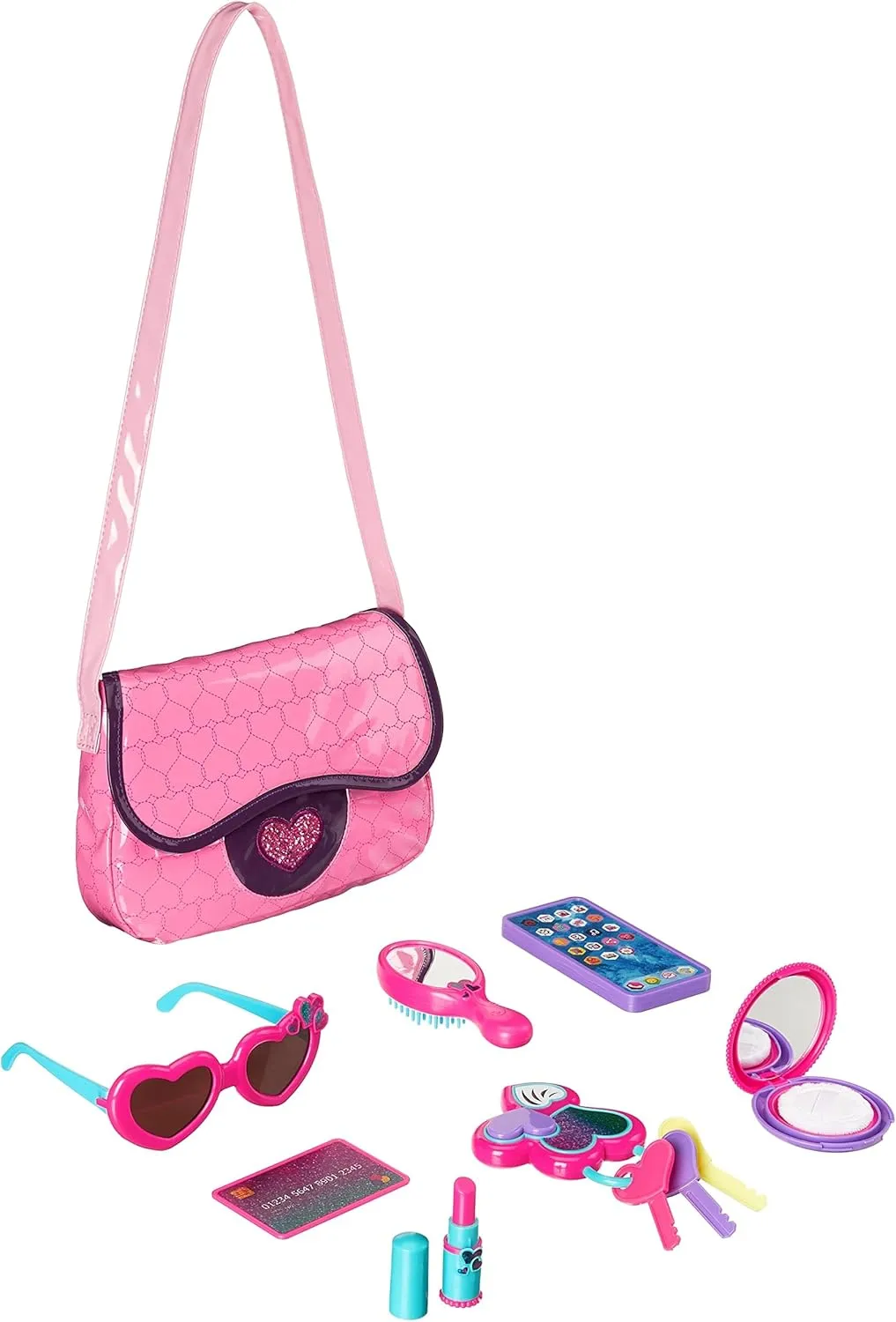 Amazon Basics 8-Piece Pretend Play Purse Toy with Accessories for Girls Ages 3 and Up, Handbag Gift Set Including Smartphone, Sunglasses, Makeup Compact, Keys and Credit Card, Pink