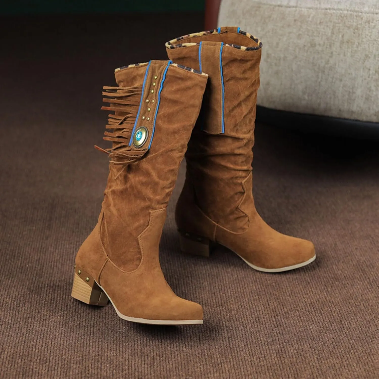 AMDBEL Boots for Women Knee High Wide Calf Boots Sexy Chunky High Heel Boots Fashion Suede Long Boots Fall Winter Shoes