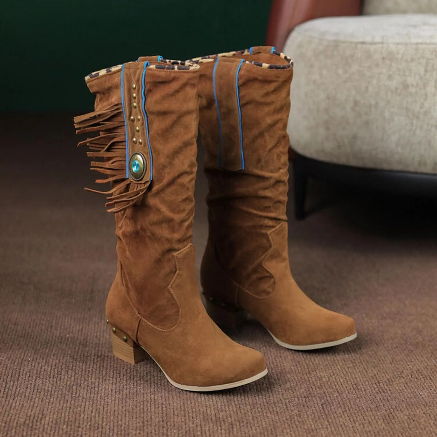 AMDBEL Boots for Women Knee High Wide Calf Boots Sexy Chunky High Heel Boots Fashion Suede Long Boots Fall Winter Shoes