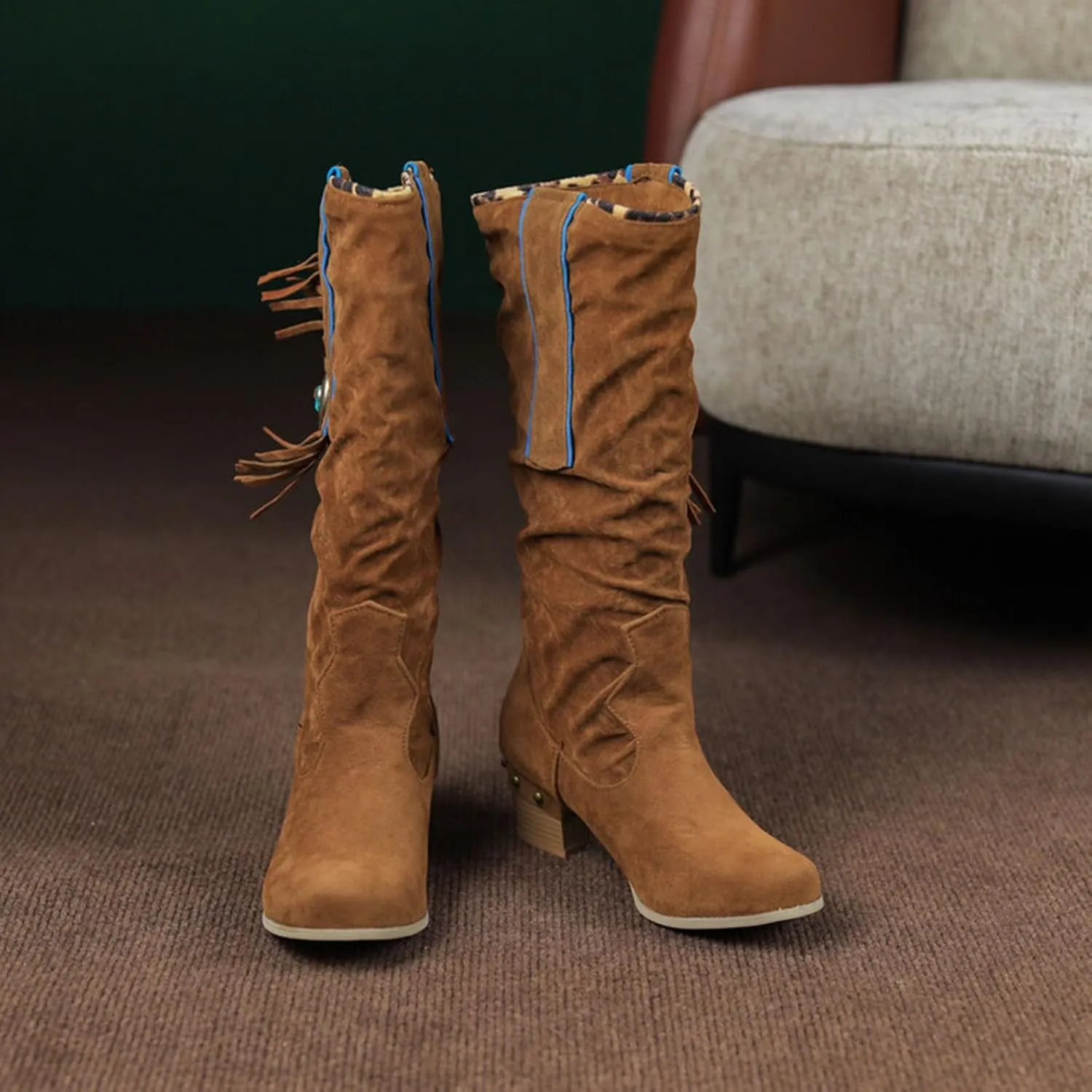 AMDBEL Boots for Women Knee High Wide Calf Boots Sexy Chunky High Heel Boots Fashion Suede Long Boots Fall Winter Shoes