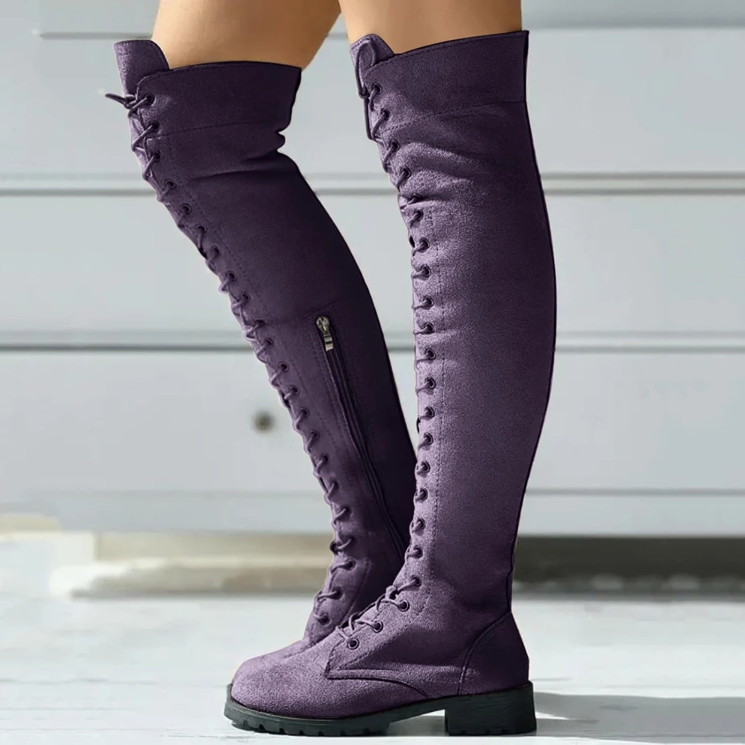 AMDBEL Boots for Women Knee High Wide Calf Boots Low Heel Boots Lace Up Over The Knee Suede Long Boots Fall Winter Shoes