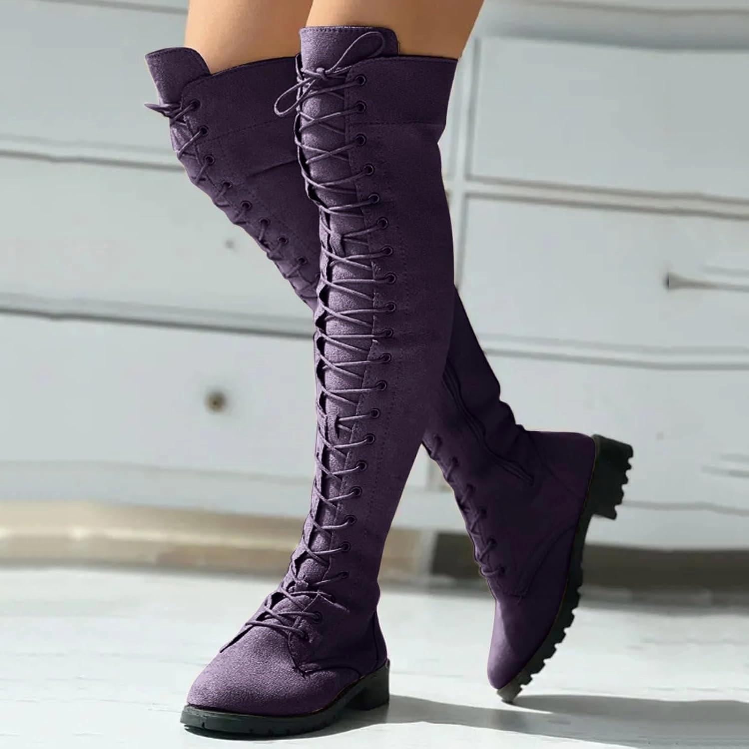 AMDBEL Boots for Women Knee High Wide Calf Boots Low Heel Boots Lace Up Over The Knee Suede Long Boots Fall Winter Shoes