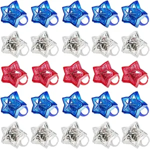 AMENON 24 Pack 4th of July Party Favors Supplies LED Light Up Ring Red White and Blue Stars Kids Toys Women Men Memorial Day Patriotic Party Accessories Decorations