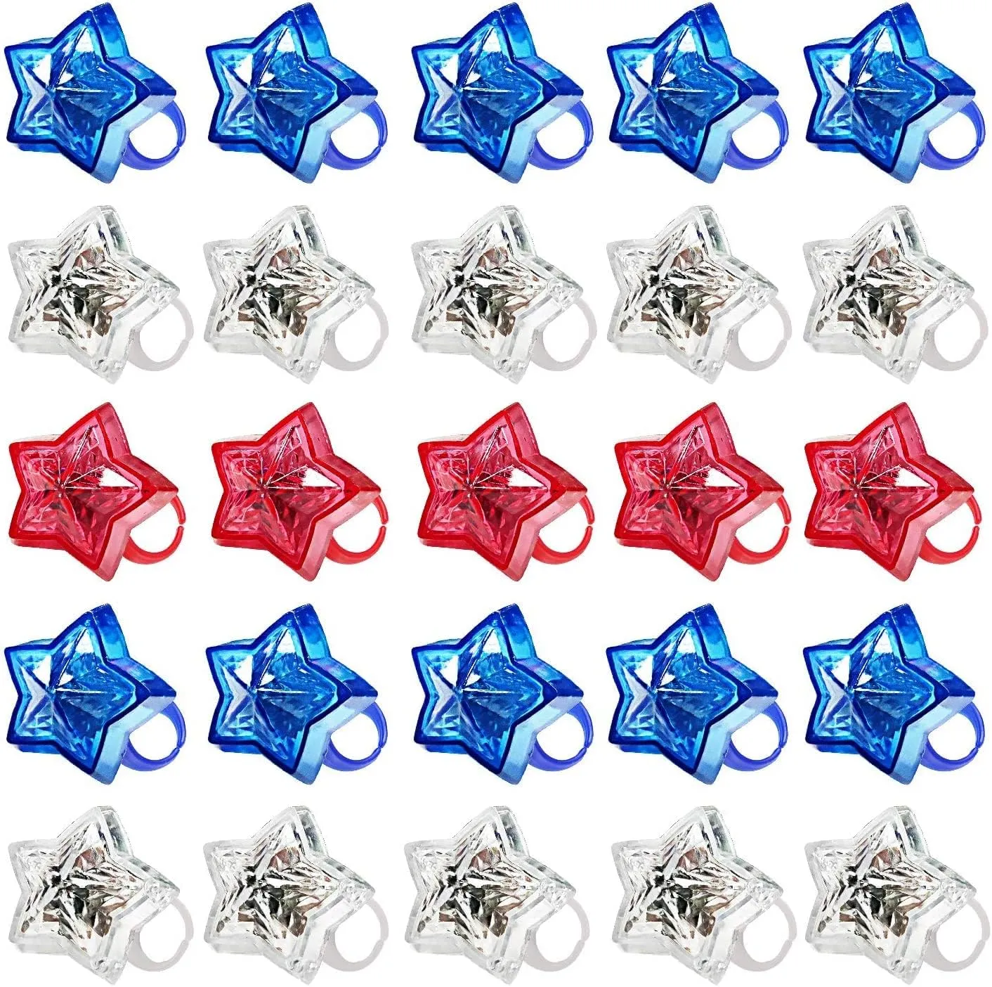 AMENON 24 Pack 4th of July Party Favors Supplies LED Light Up Ring Red White and Blue Stars Kids Toys Women Men Memorial Day Patriotic Party Accessories Decorations