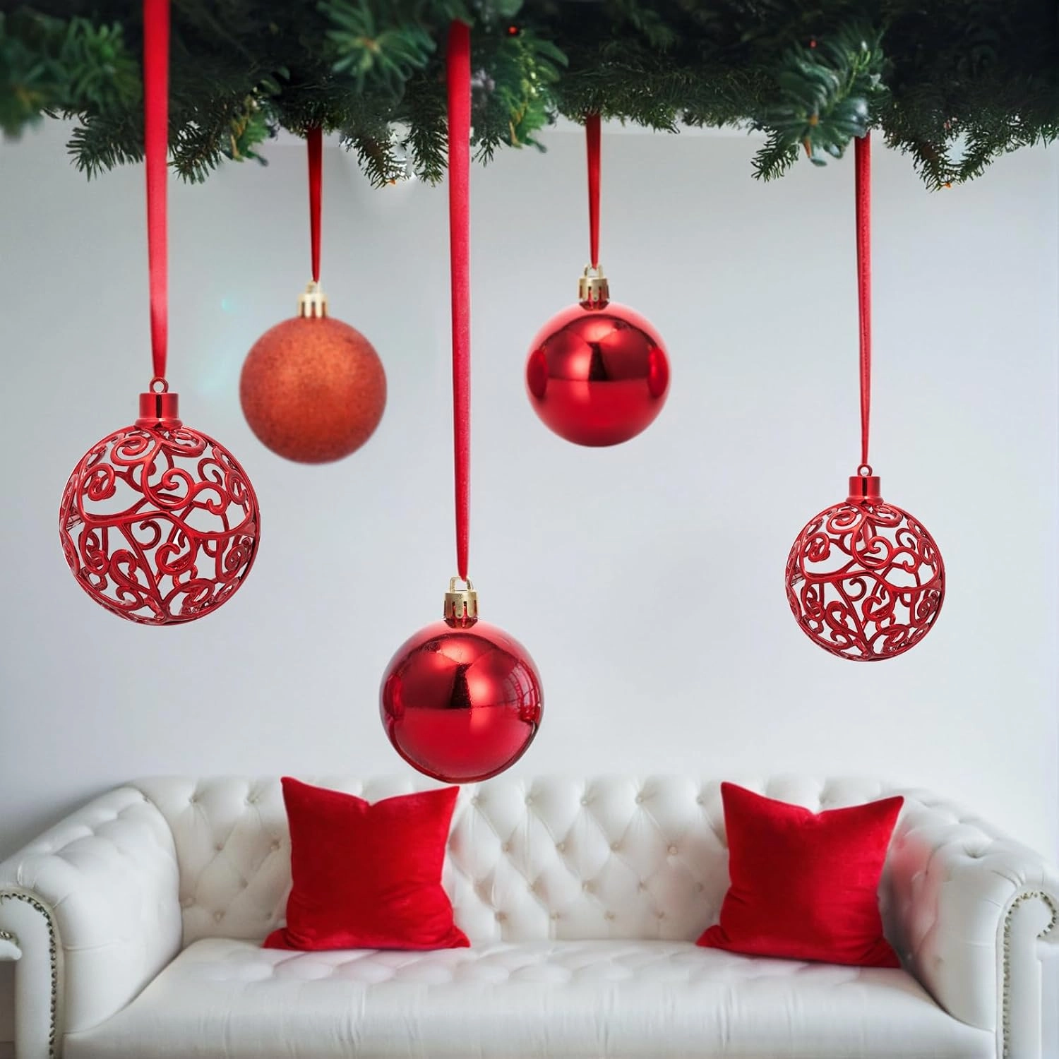AMS 2.36''/60mm 24ct Christmas Balls Tree Pendants Shatterproof Ornaments Seasonal Decorations for Tree Decor,Holiday,Xmas(Red)