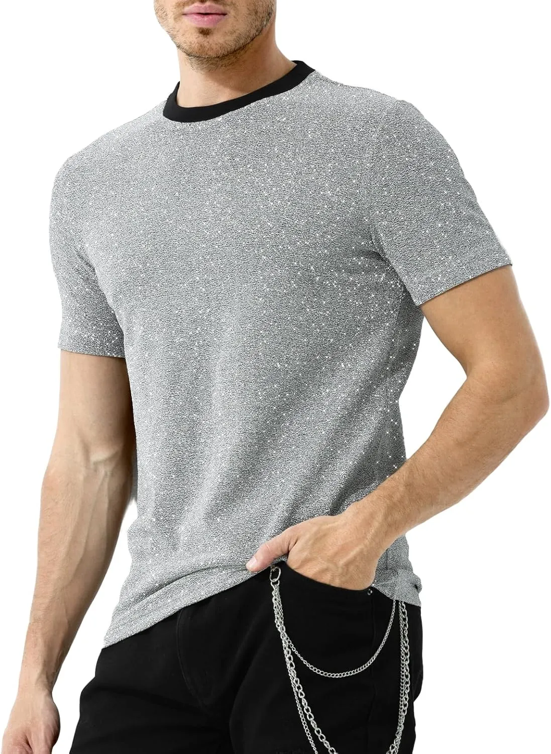 Arjen Kroos Men's Sequin Disco Shirts Short Sleeve Sparkly Rave Hot Tops