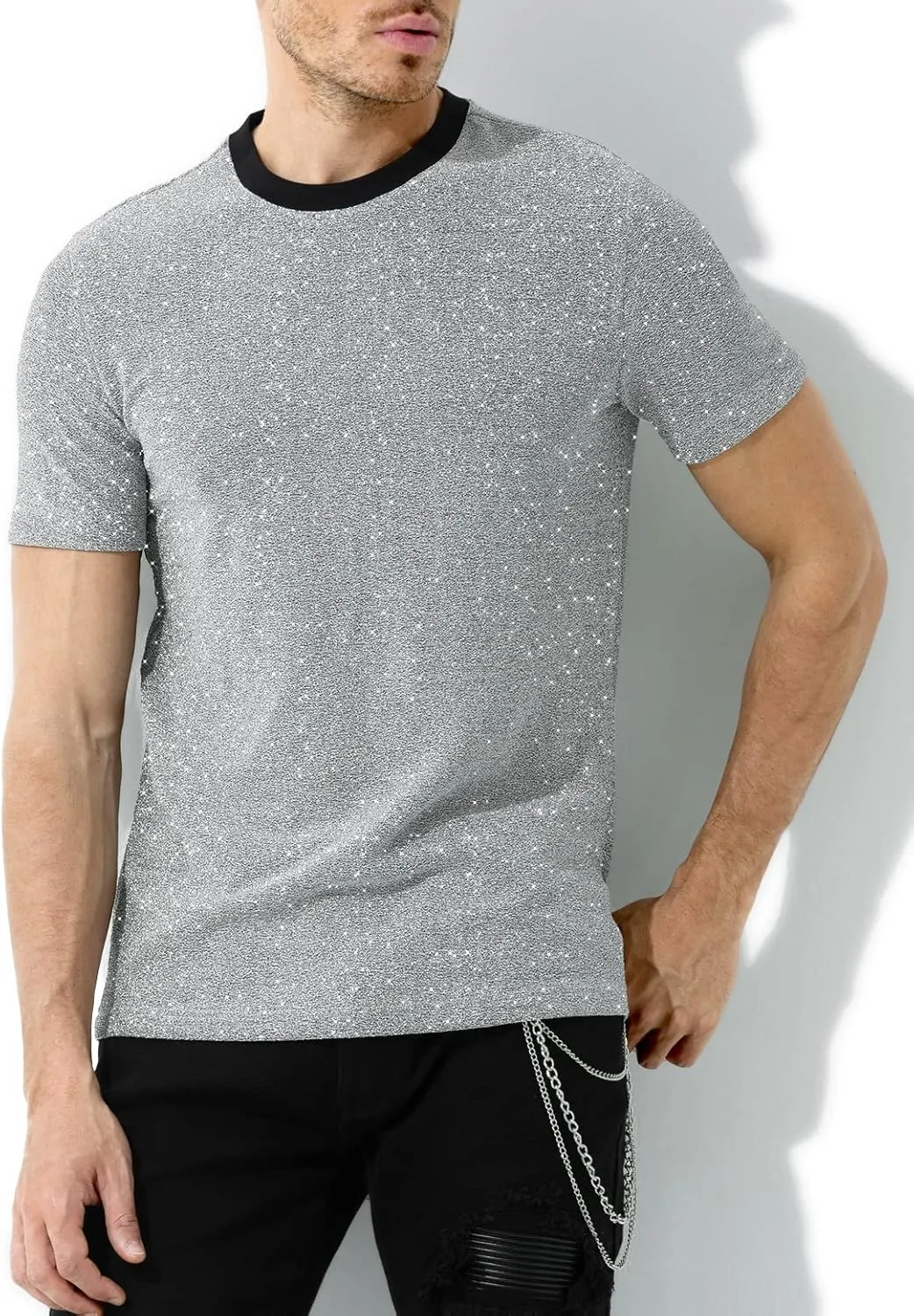 Arjen Kroos Men's Sequin Disco Shirts Short Sleeve Sparkly Rave Hot Tops