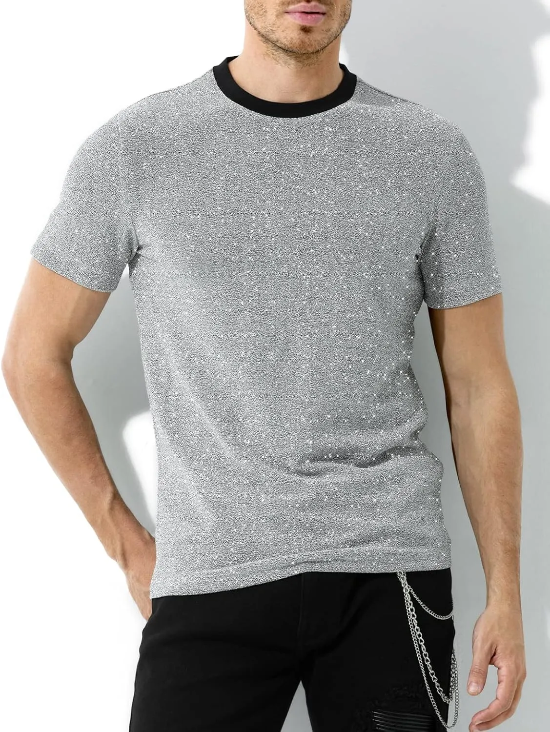Arjen Kroos Men's Sequin Disco Shirts Short Sleeve Sparkly Rave Hot Tops