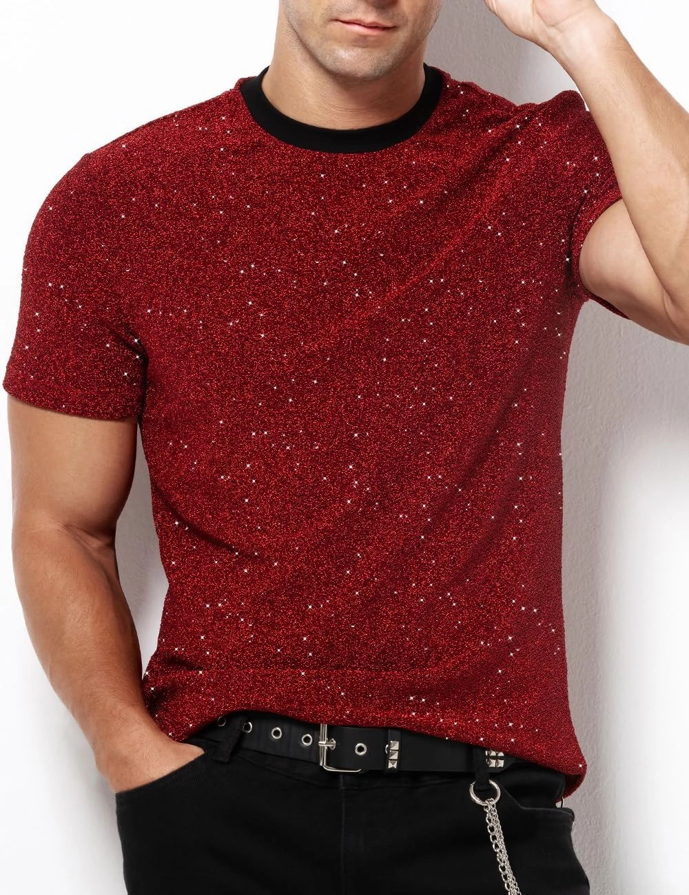Arjen Kroos Men's Sequin Disco Shirts Short Sleeve Sparkly Rave Hot Tops