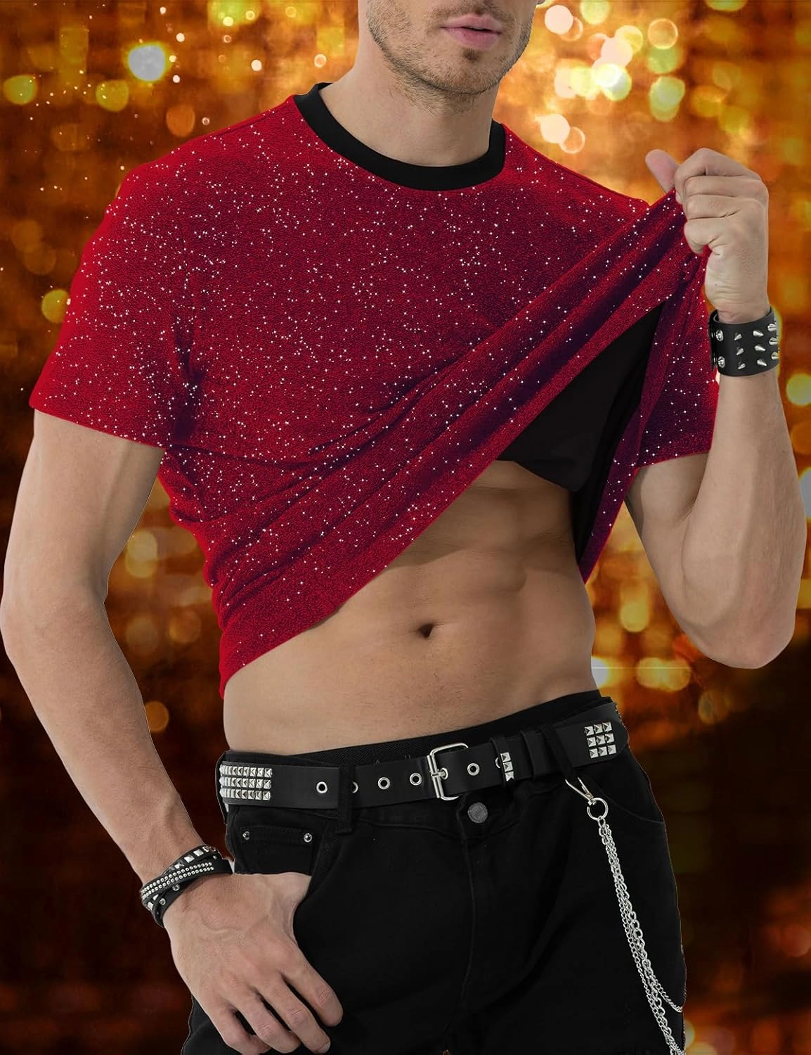 Arjen Kroos Men's Sequin Disco Shirts Short Sleeve Sparkly Rave Hot Tops