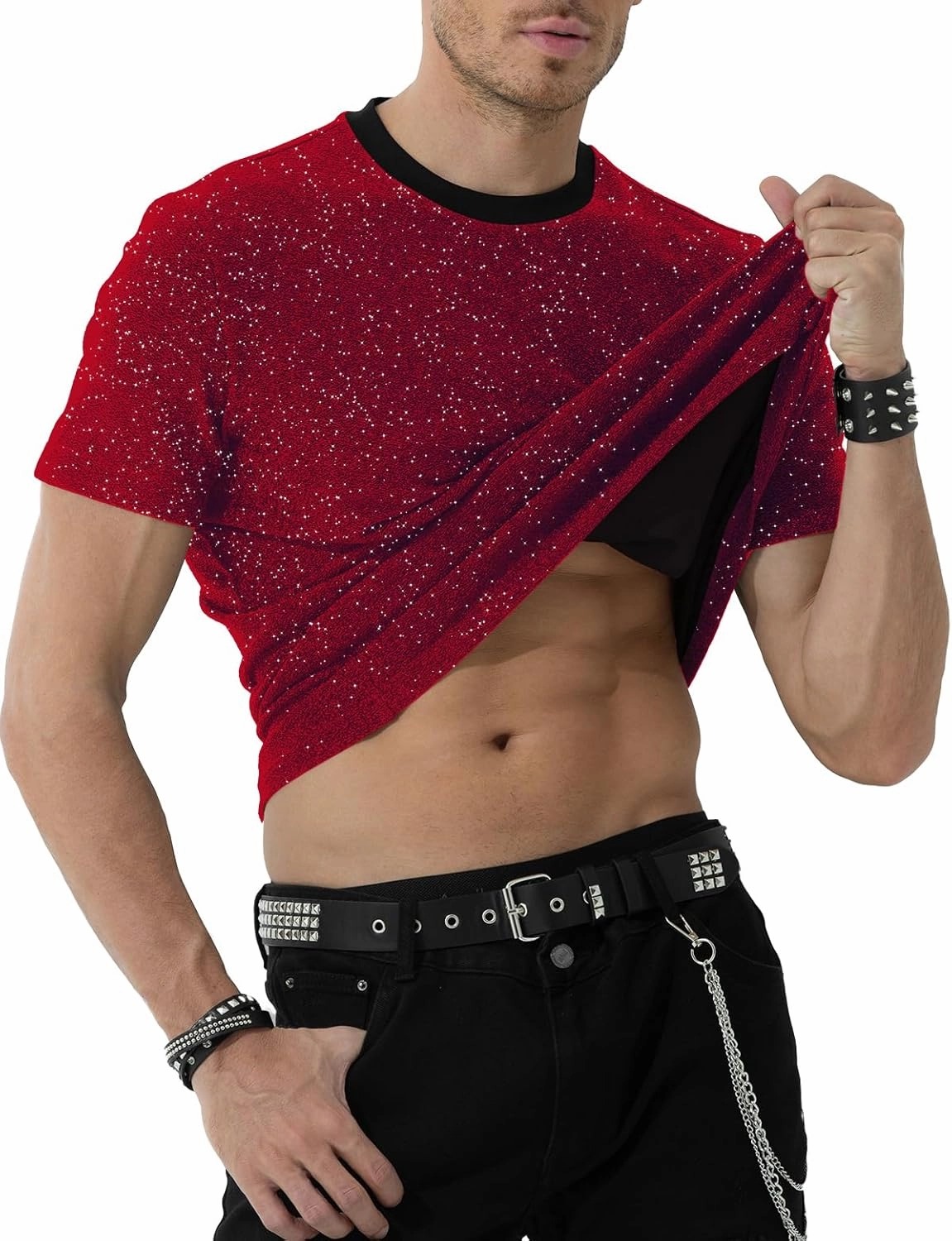 Arjen Kroos Men's Sequin Disco Shirts Short Sleeve Sparkly Rave Hot Tops