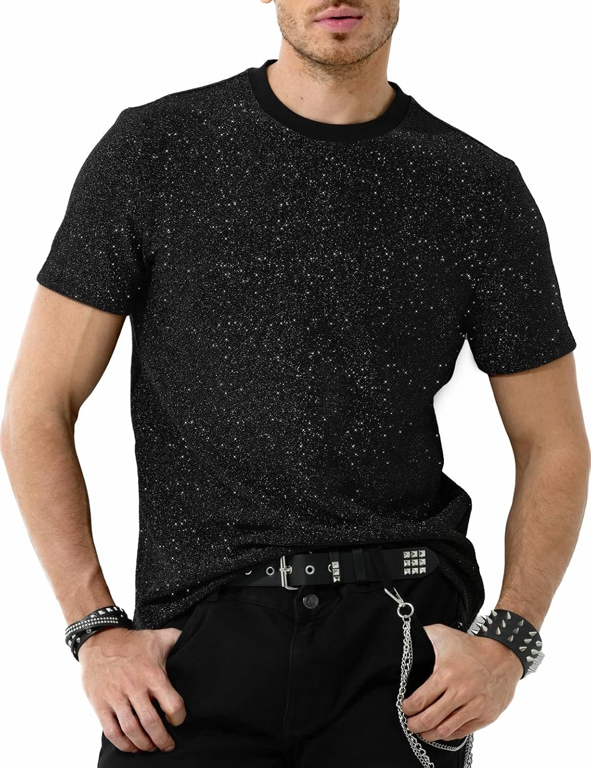 Arjen Kroos Men's Sequin Disco Shirts Short Sleeve Sparkly Rave Hot Tops