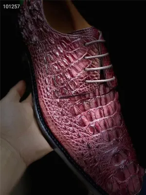 Authentic Real True Crocodile Skin Hand Stitched Red Wine Color Men's Stage Dress Shoes Genuine Alligator Leather Male Oxfords