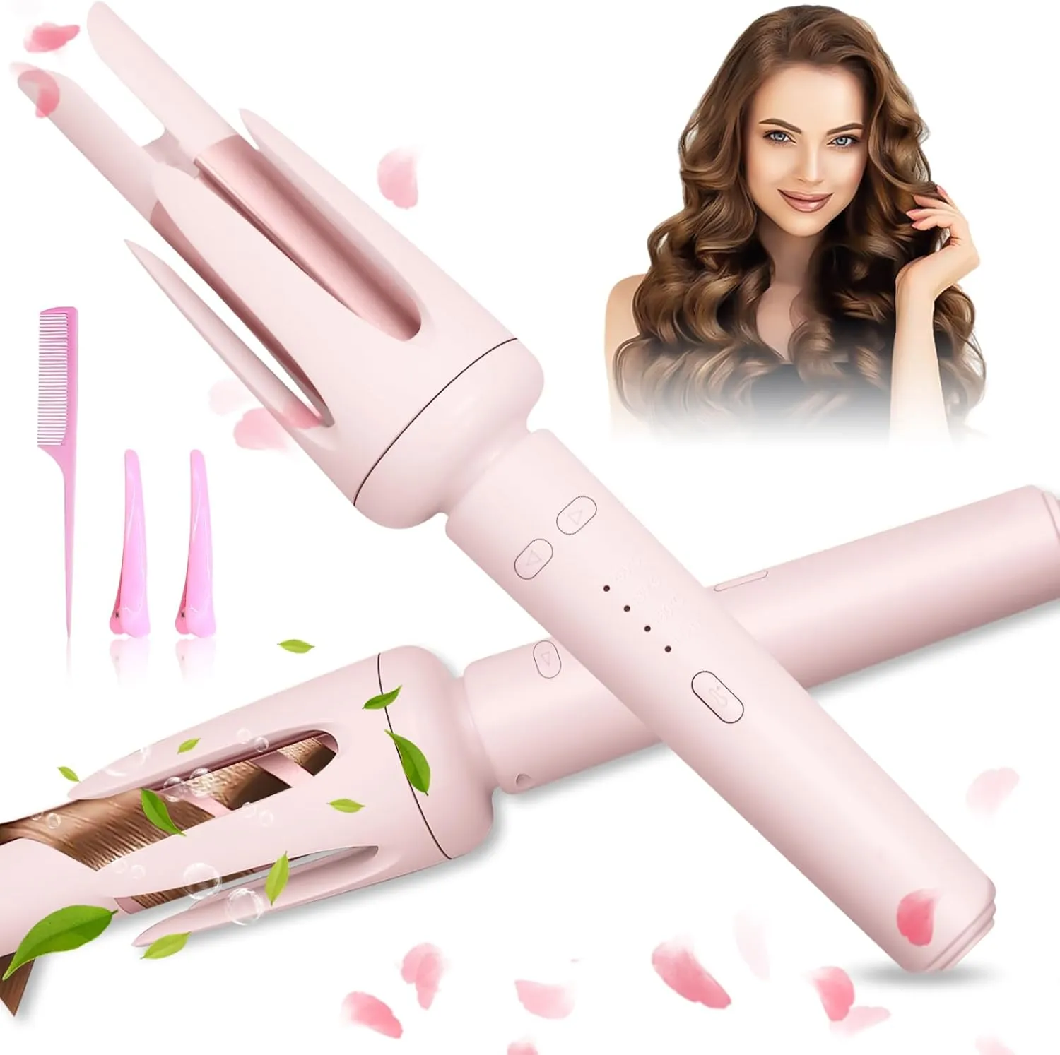 Auto Hair Curler, Curling Wand for Long Hair, Automatic Curling Iron with 3 Temperature, Automatic Shut-Off, Anti-Scald, Anti-Tangle Rotating Curling Wand for Hair Styling, Pink