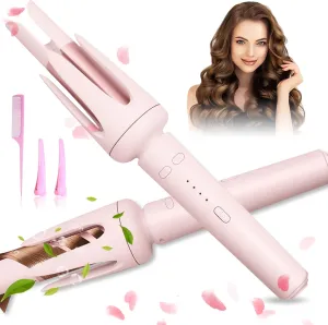 Auto Hair Curler, Curling Wand for Long Hair, Automatic Curling Iron with 3 Temperature, Automatic Shut-Off, Anti-Scald, Anti-Tangle Rotating Curling Wand for Hair Styling, Pink