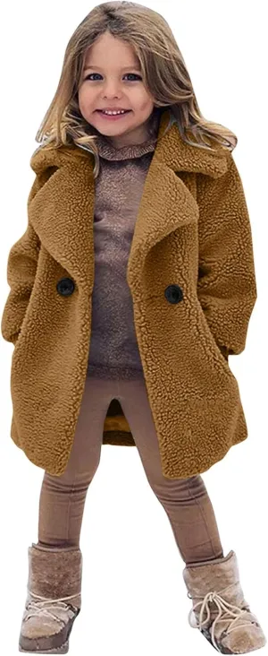 Baby Girls Faux Fur Teddy Long Coat Toddler Kids Winter Fleece Jacket Fluffy Jacket Warm Trench Outwear Overcoat