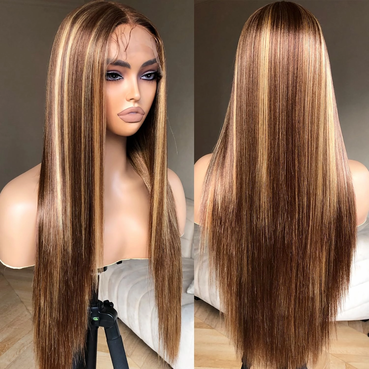 Balayage Honey Blonde Lace Front Wig Pre Plucked, Synthetic Lace Front Wig, HD Glueless 13X5X1 Highlight Lace Front Wigs for Women, Balayage 4/27 Ombre Honey Blonde Straight Wig