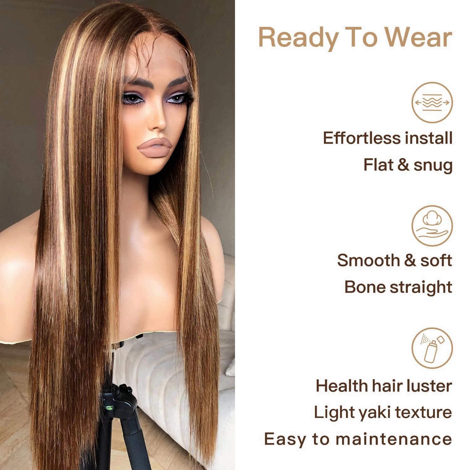Balayage Honey Blonde Lace Front Wig Pre Plucked, Synthetic Lace Front Wig, HD Glueless 13X5X1 Highlight Lace Front Wigs for Women, Balayage 4/27 Ombre Honey Blonde Straight Wig