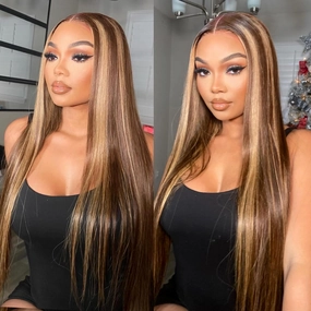 Balayage Honey Blonde Lace Front Wig Pre Plucked, Synthetic Lace Front Wig, HD Glueless 13X5X1 Highlight Lace Front Wigs for Women, Balayage 4/27 Ombre Honey Blonde Straight Wig