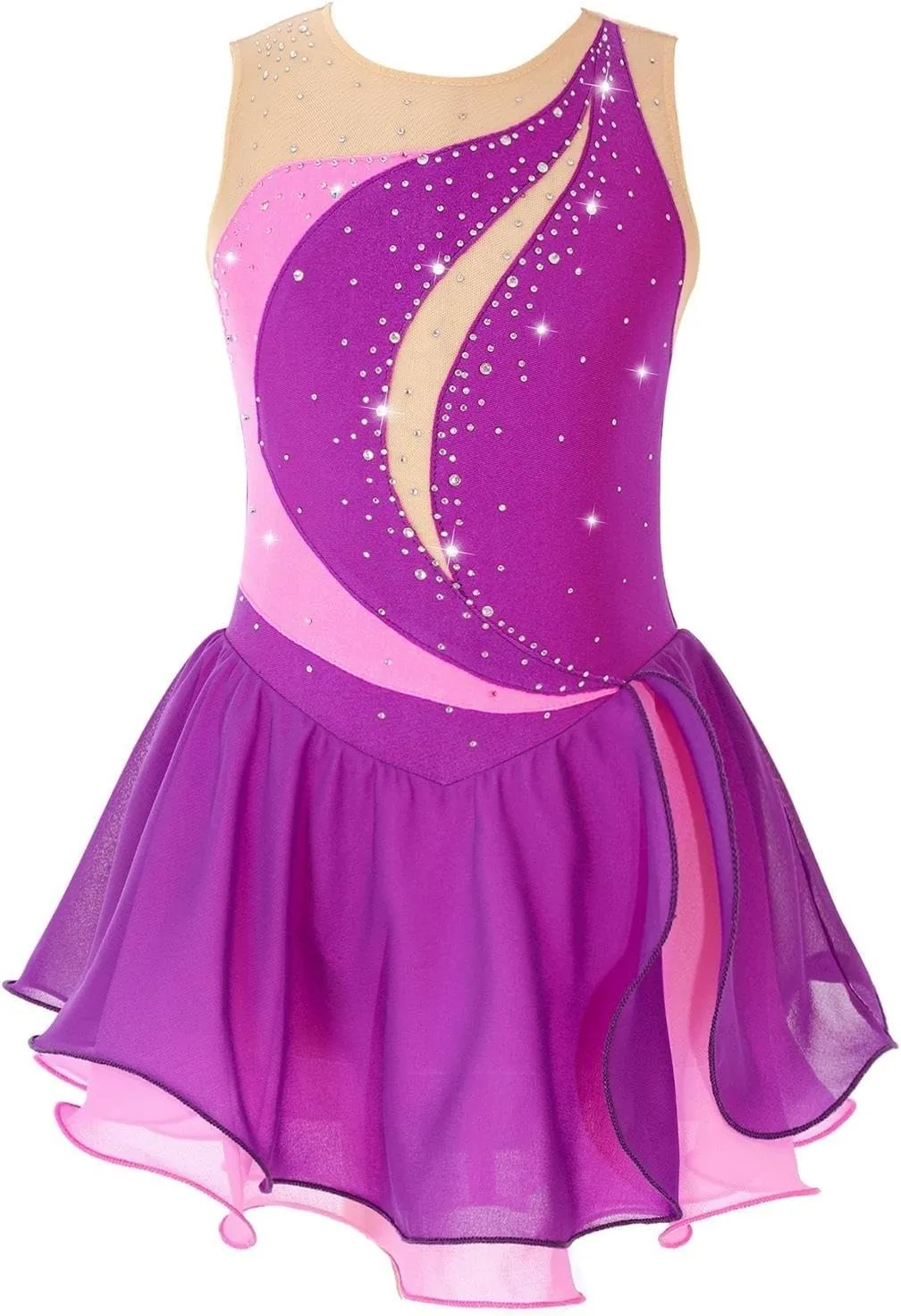 Ballet Skirt Girl's Ice Skating Costume Kids Figure Skating Dress Sleeveless Rhinestone Patchwork Ballet Gymnastics Dance Leotard Dress(Pink,Color-08)