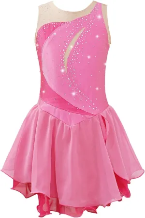 Ballet Skirt Girl's Ice Skating Costume Kids Figure Skating Dress Sleeveless Rhinestone Patchwork Ballet Gymnastics Dance Leotard Dress(Pink,Color-08)