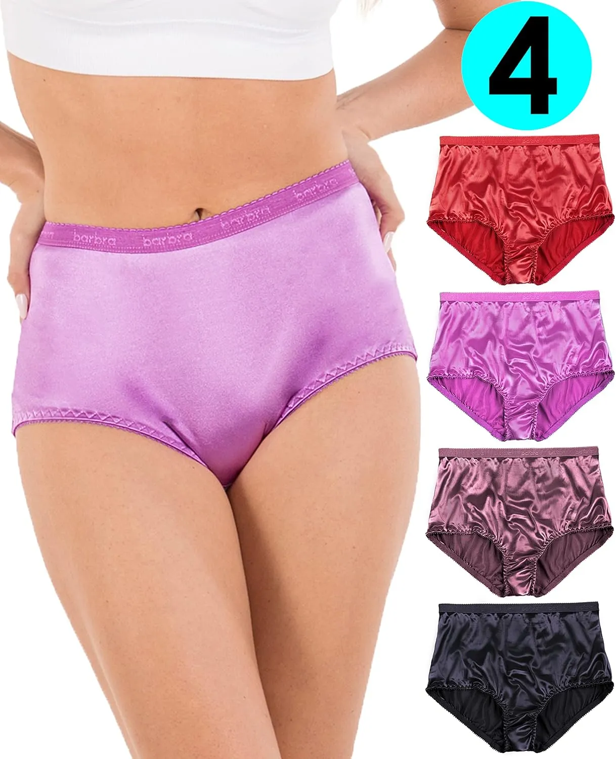 Barbra Lingerie Satin Panties S to Plus Size Womens Underwear Full Coverage Brief Multi-Pack