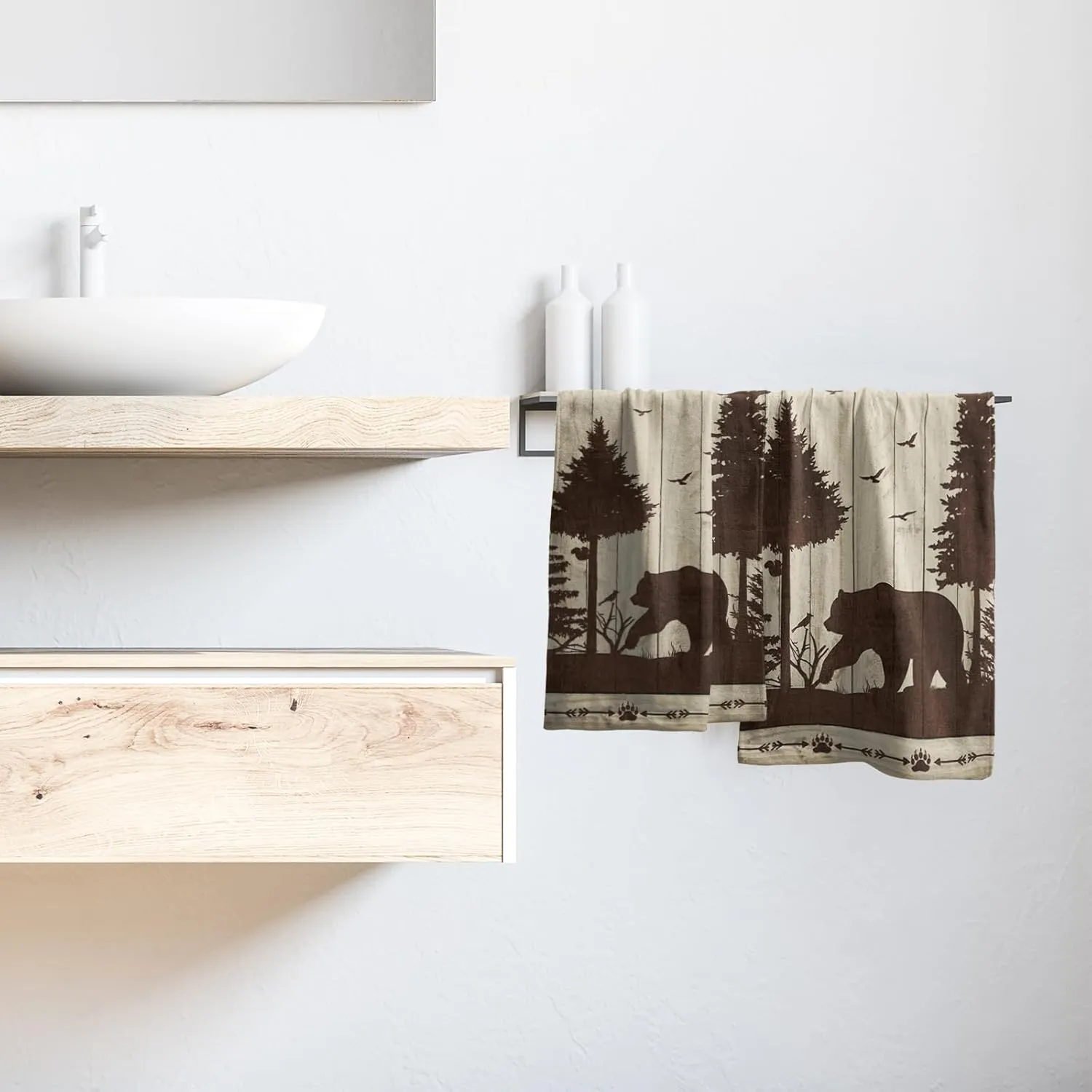Bear Hand Towel Set of 2,Wild Animal Mountain Forest Campsite Cabin Soft Absorbent Face Towels and Dishcloths for Bathroom Kitchen Decoration,Campers Camping Lovers Gift 28×14 in