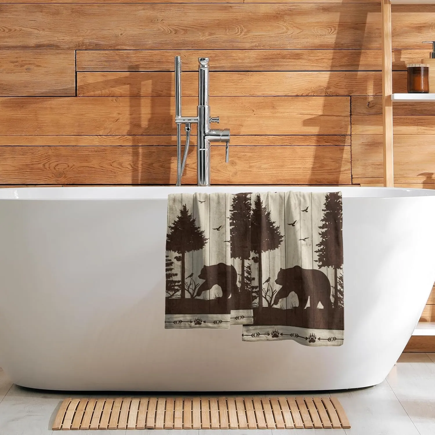 Bear Hand Towel Set of 2,Wild Animal Mountain Forest Campsite Cabin Soft Absorbent Face Towels and Dishcloths for Bathroom Kitchen Decoration,Campers Camping Lovers Gift 28×14 in