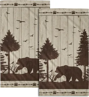 Bear Hand Towel Set of 2,Wild Animal Mountain Forest Campsite Cabin Soft Absorbent Face Towels and Dishcloths for Bathroom Kitchen Decoration,Campers Camping Lovers Gift 28×14 in