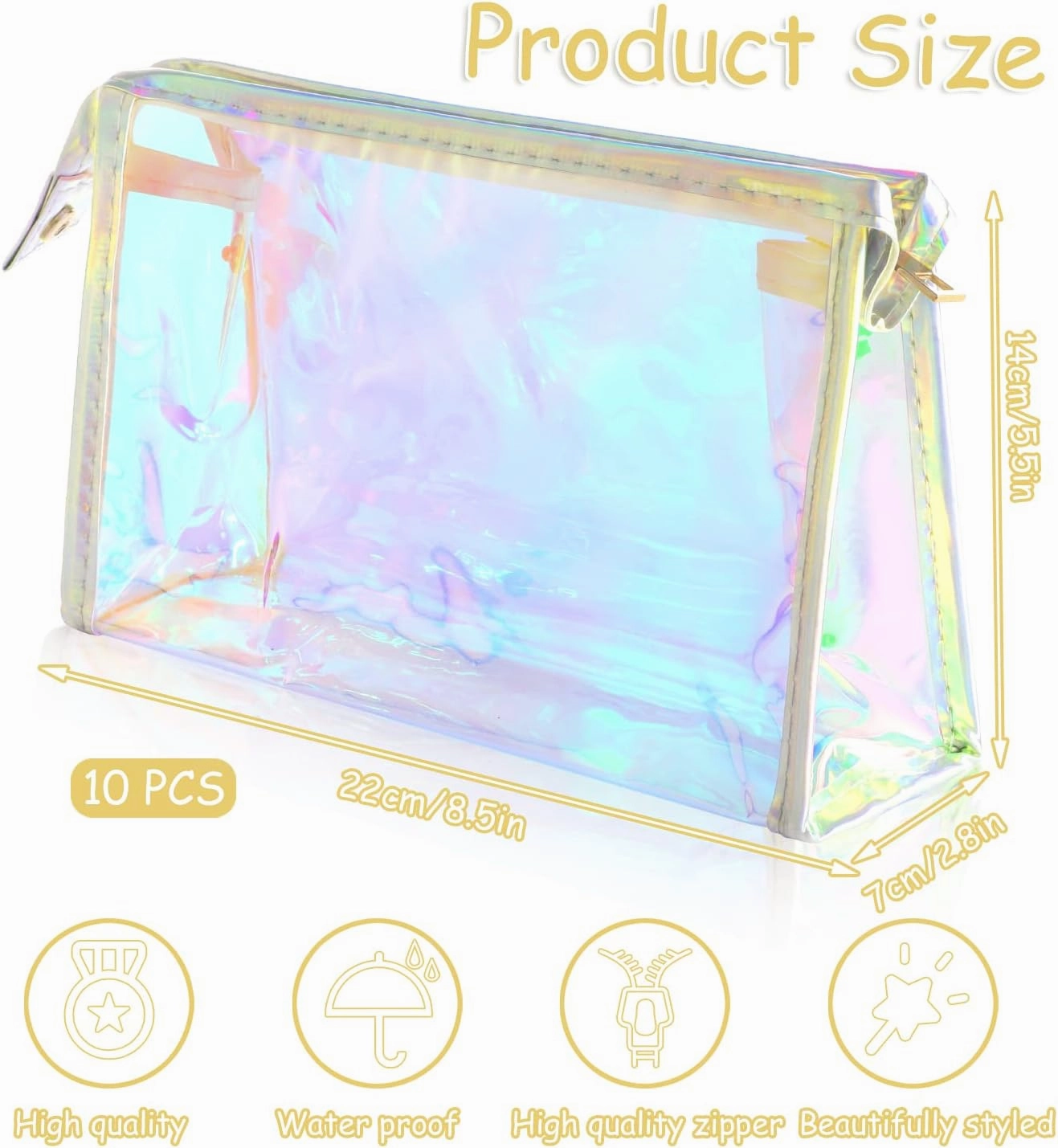 BESARME 10 Pcs Holographic Makeup Bags, Clear PVC Makeup Bag Iridescent Pouch Portable Zippered Toiletry Bag Waterproof Cosmetic Bags Stocking Stuffers for Women Girls Bathroom Vacation