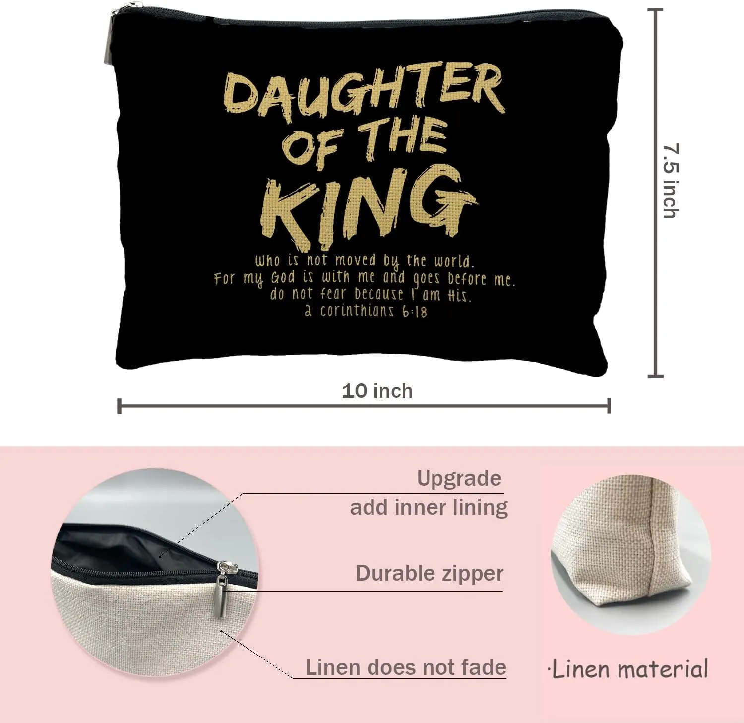 bible verse makeup bag，Daughter of the king makeup bag，christian makeup bag Cosmetic Bag，inspirational gifts for women，christian gifts for women faith，christian gifts for girls(black and golden)