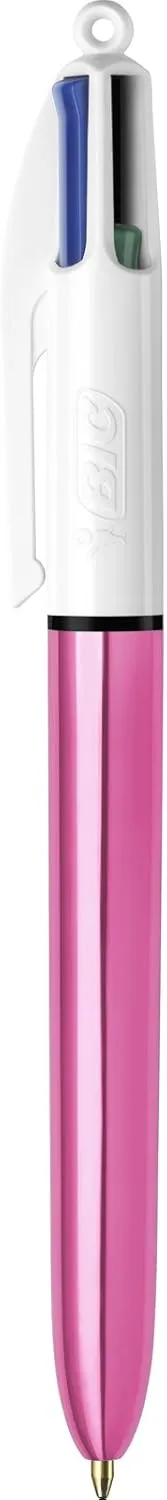 BIC 4 Colours Shine Ballpoint Pens - Box of 12 - Metallic Pink Body with 4 Ink Colours (Blue, Black, Red, Green)