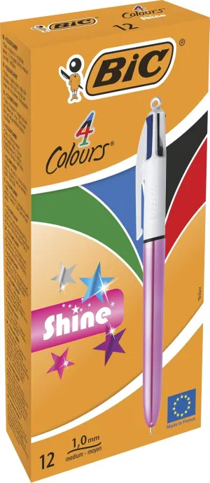 BIC 4 Colours Shine Ballpoint Pens - Box of 12 - Metallic Pink Body with 4 Ink Colours (Blue, Black, Red, Green)