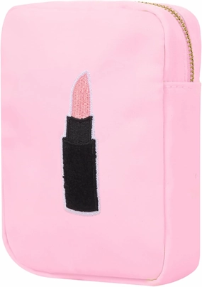BLOC Bags Travel Makeup Bag, Cosmetic Bags for Women, Mini Makeup Bag, Cute Toiletry Bag, Beauty Bag with Chenille Patch, with Inside Zipper Pouch and Mesh Pockets (Lipstick, Baby Pink)