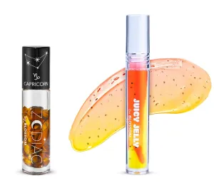 Blossom Juicy Jelly Moisturizing Lip Care Fruit Flavored Nourishing Lip Oil   Zodiac Sign Vanilla Scented Roll On Lip Gloss with Crystals, 2 Pack Bundle, Papaya/Capricorn