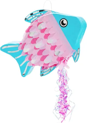 BLUE PANDA Pull String Fish Pinata for Girls, Ocean, & Mermaid Theme Birthday - Under the Sea Party Decorations - Silver, Pink, & Blue Fish Pinata (Small, 17 x 13 x 3 inch)