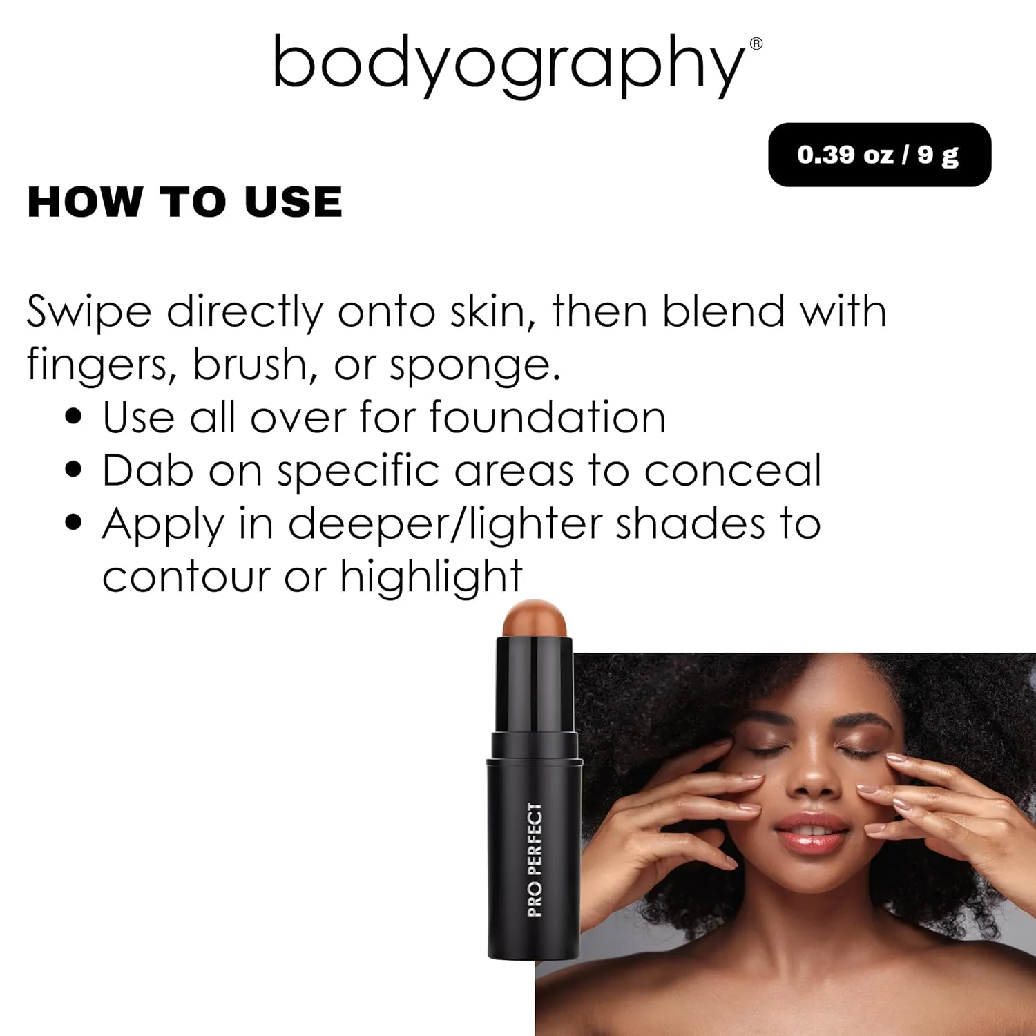 Bodyography Pro Perfect Foundation Stick - Demi-Matte Finish with A Natural Look - Enhancer for Concealing, Highlighting, and Contouring - Vitamin C & E (Golden)