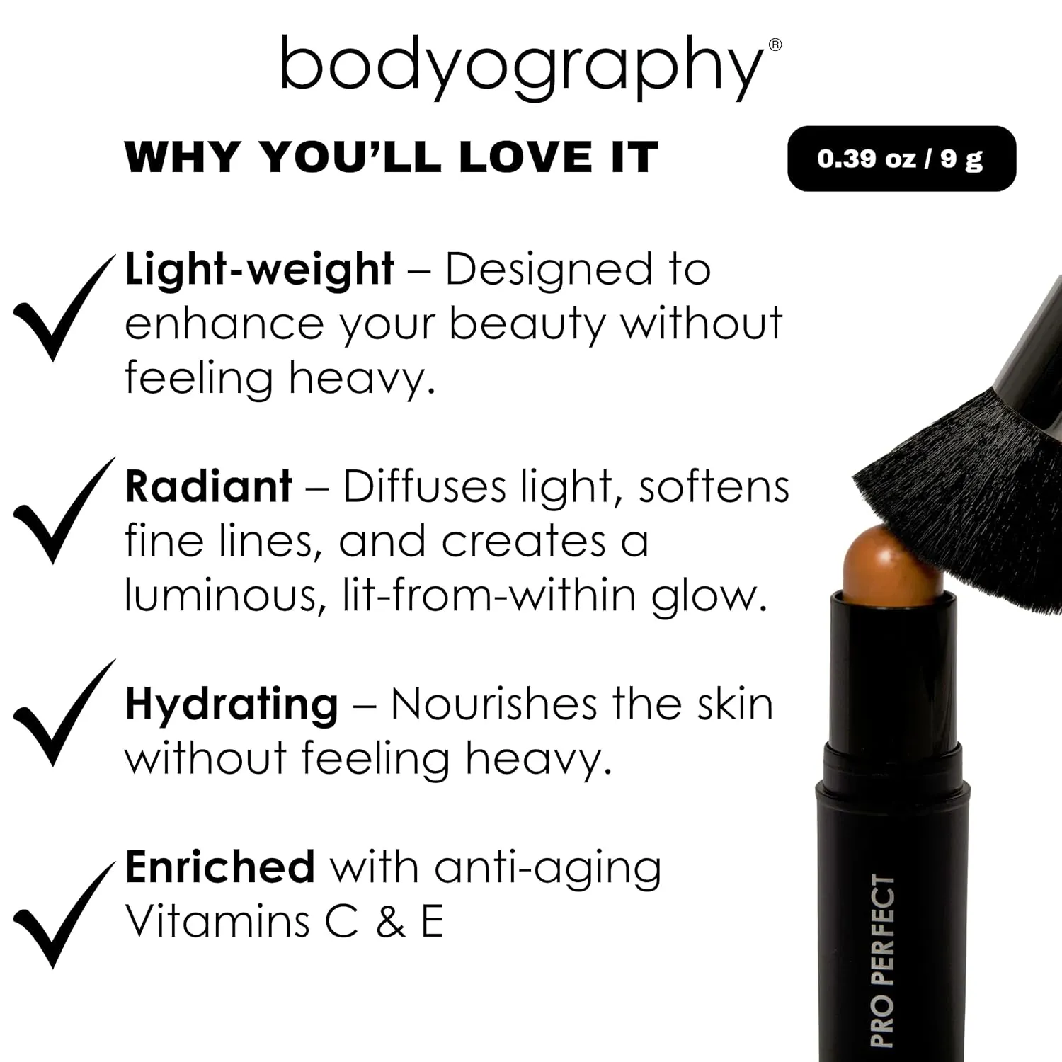 Bodyography Pro Perfect Foundation Stick - Demi-Matte Finish with A Natural Look - Enhancer for Concealing, Highlighting, and Contouring - Vitamin C & E (Golden)