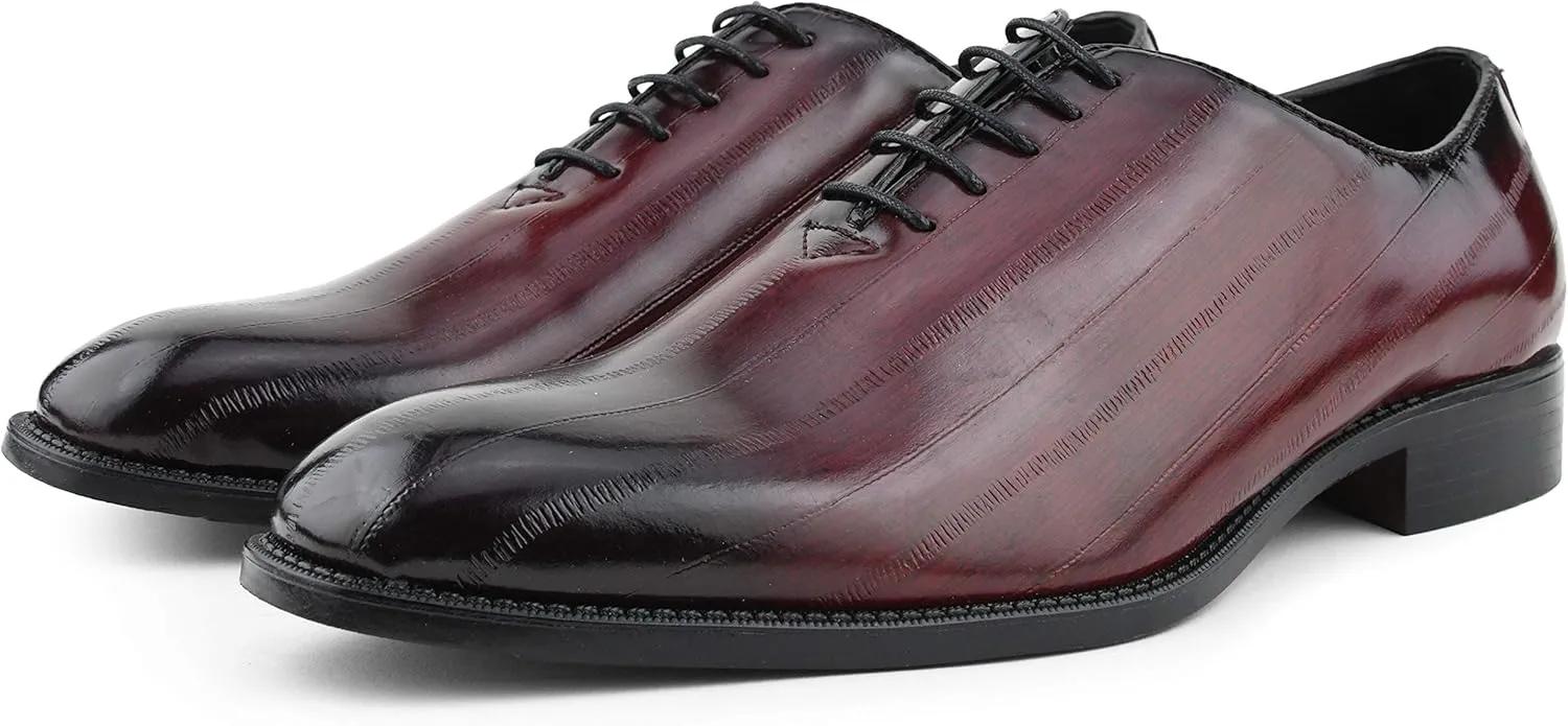 Bolano Brayden - Men's Dress Shoes - Exotic EEL Skin Print, Oxford Lace-Ups, Black Burnished Toe - Exotic Formal Shoes for Men - Original, Designer Shoes