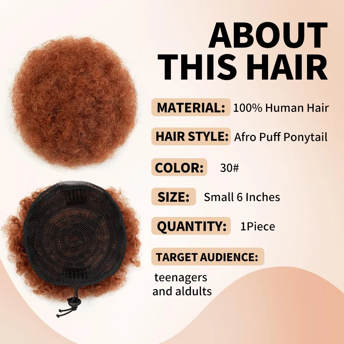 Boymia Afro Puff Drawstring Ponytail Human Hair 6 Inch #30 Copper Red Curly Drawstring Ponytail For Women 100% Remy Human Hair Delicate and Cute Loose Kinky Curls Hairpiece Kinky Curly Clip In