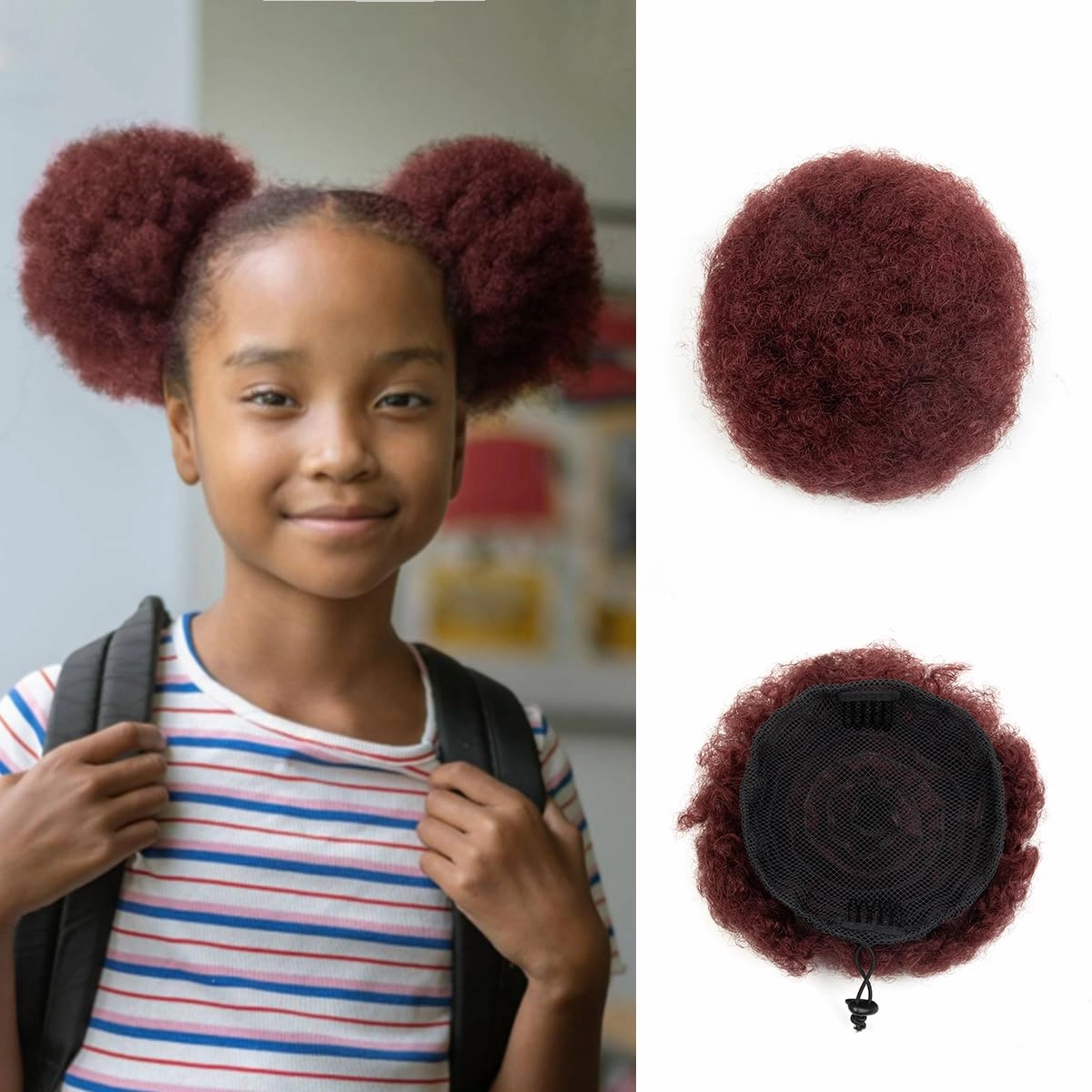 Boymia Afro Puff Extension for Black Women #99J Wine Red 4 Inch Short Kinky Curly Hair Bun Extension Genuine Human Hair Durable Natural Soft and Smooth Updo Hair Extensions