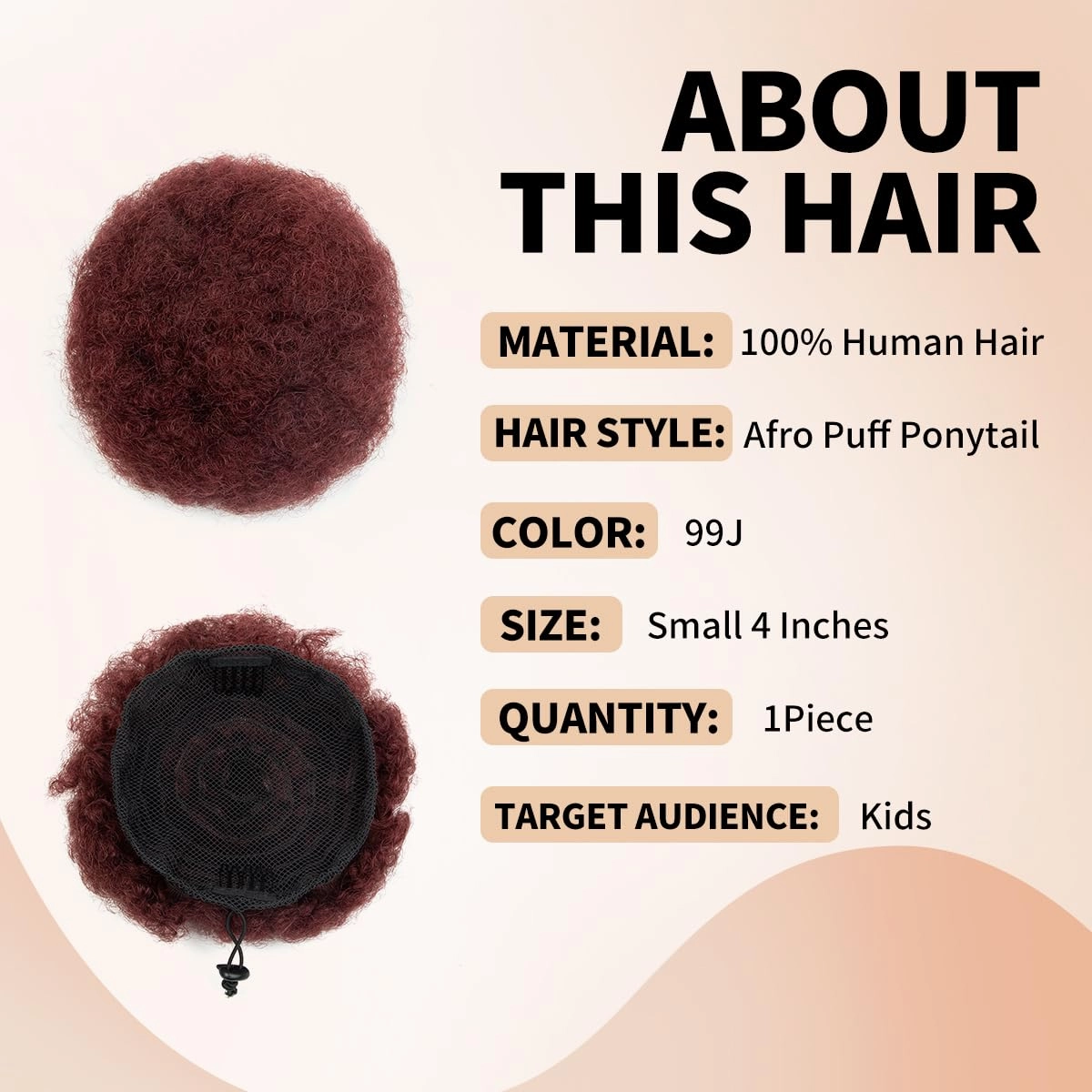 Boymia Afro Puff Extension for Black Women #99J Wine Red 4 Inch Short Kinky Curly Hair Bun Extension Genuine Human Hair Durable Natural Soft and Smooth Updo Hair Extensions