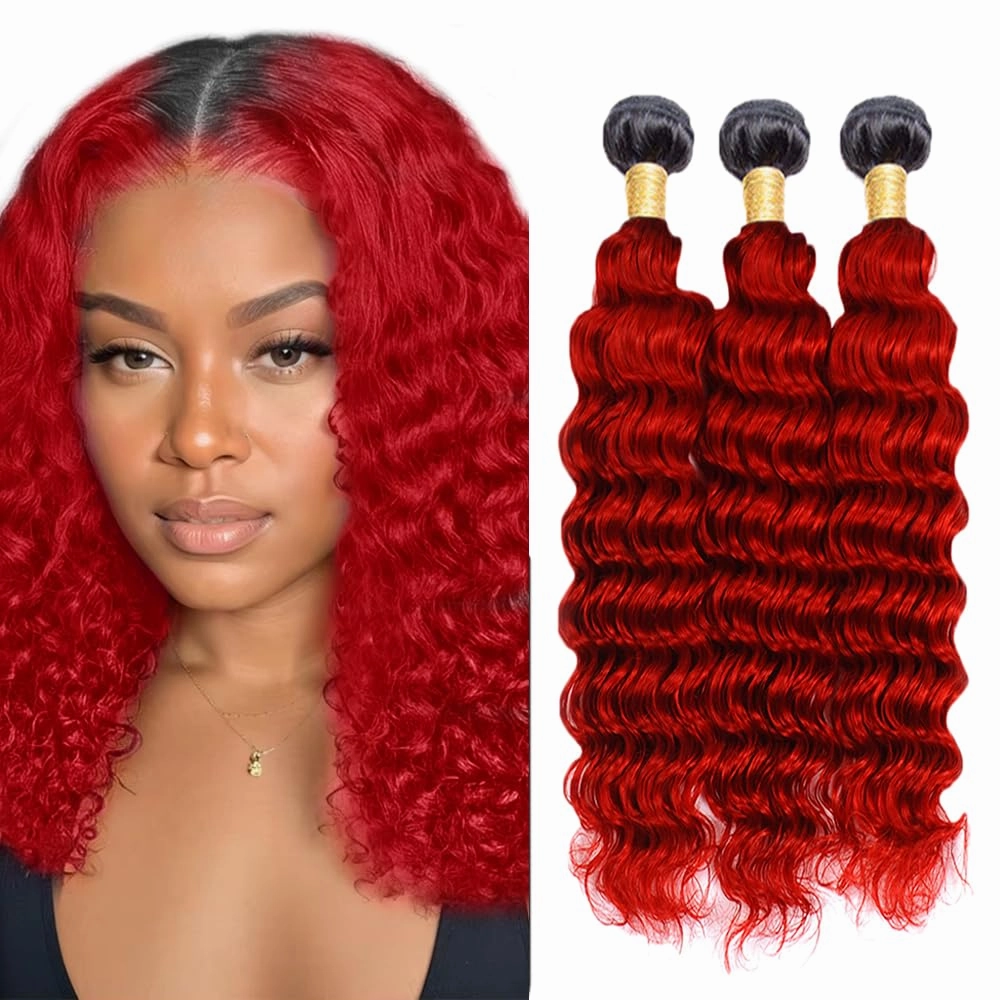 Bright Red Human Hair Bundles Ombre Deep Wave 3 Bundles 12 14 16 inch Double Weft 1B/Red Human Hair Bundle for Women