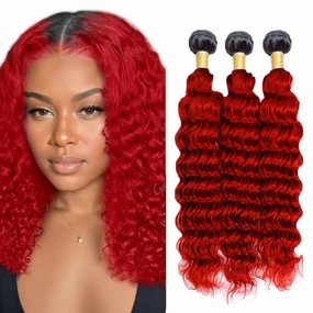 Bright Red Human Hair Bundles Ombre Deep Wave 3 Bundles 12 14 16 inch Double Weft 1B/Red Human Hair Bundle for Women