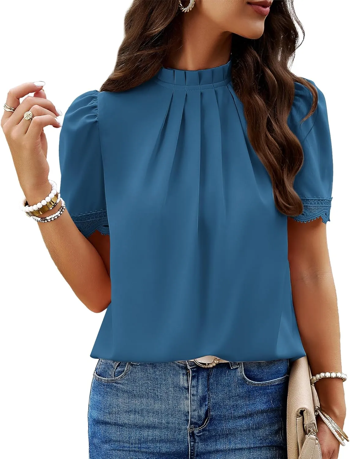 BTFBM Women's Dressy Casual Blouses Business Work Tops Lace Trim Short Sleeve Office Shirts 2025 Summer Spring Outfits