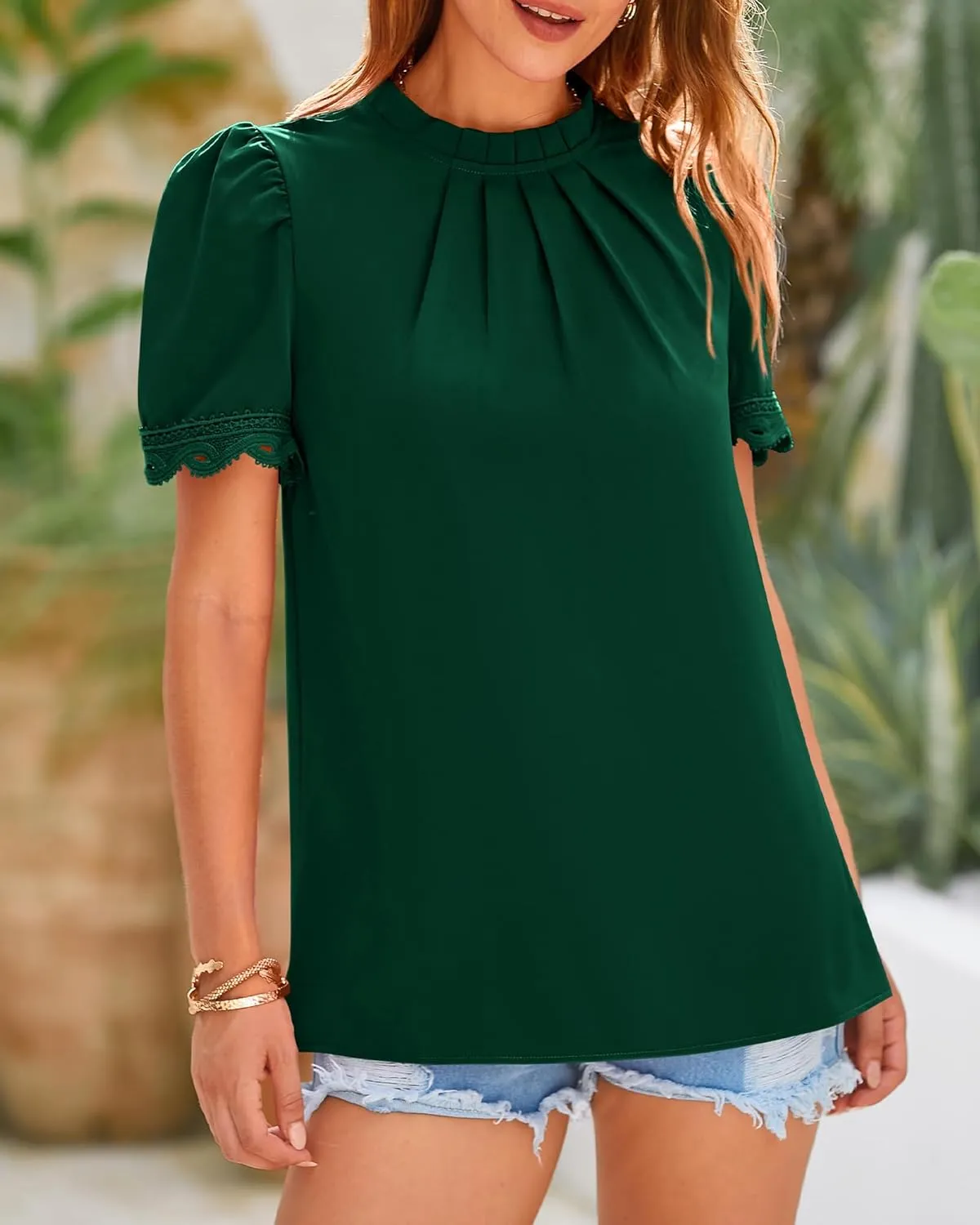 BTFBM Women's Dressy Casual Blouses Business Work Tops Lace Trim Short Sleeve Office Shirts 2025 Summer Spring Outfits